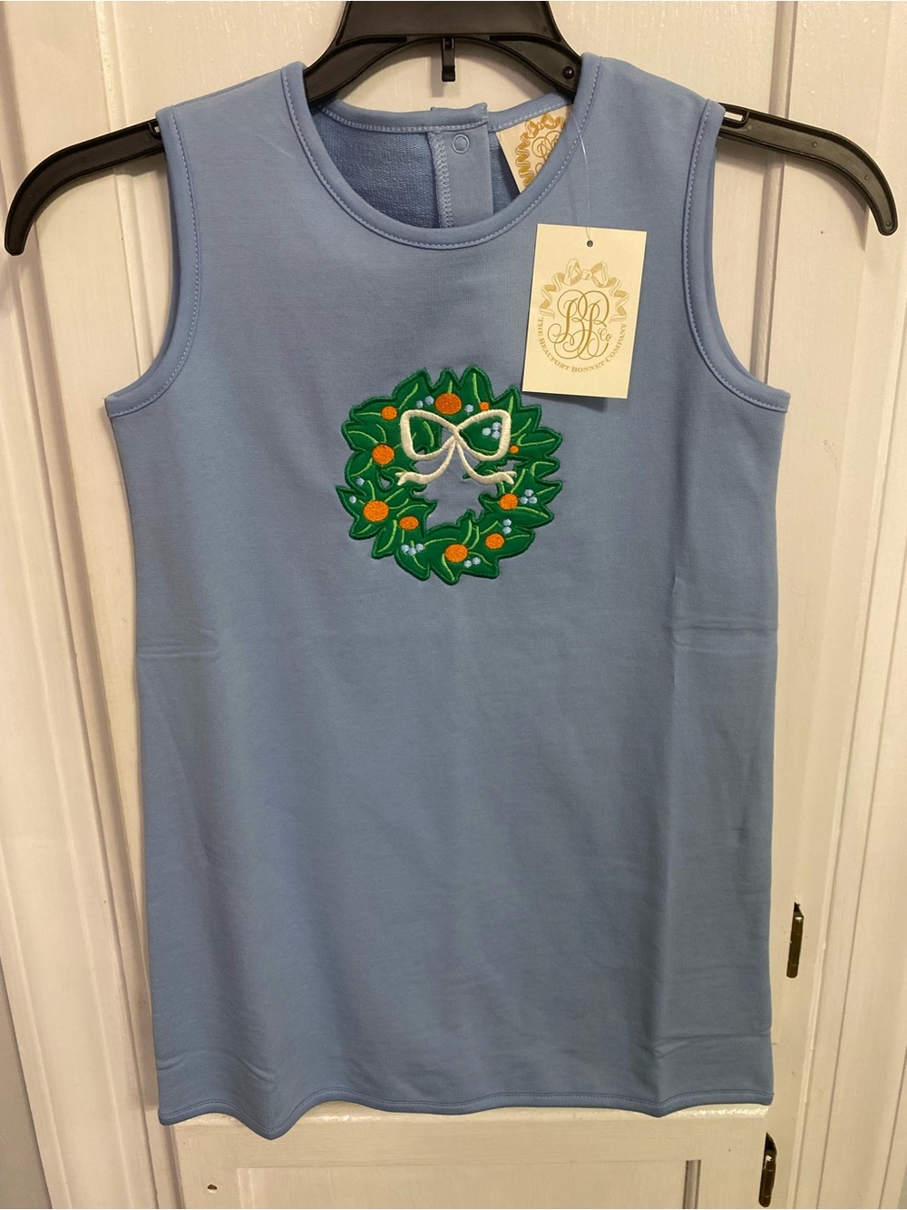 The Beaufort Bonnet Company Light Blue Tank Top with Green Wreath Appliqué